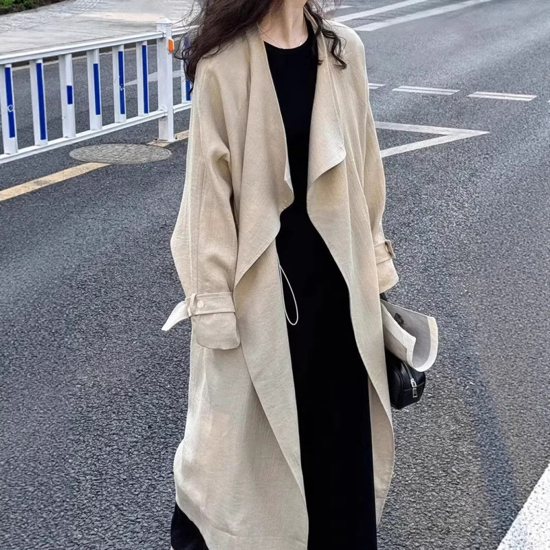 New Chinese-Style Over-The-Knee Trench Coat for Women, Mid-Length, 2026 Spring New Model, Long Style for Petite Figures, Drawstring Versatile Jacket