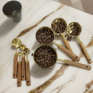 Stainless Steel New Titanium-Plated Measuring Cup Measuring Spoon 8-Piece Set Wooden Handle with Scale Measuring Kitchen Tools Yiling