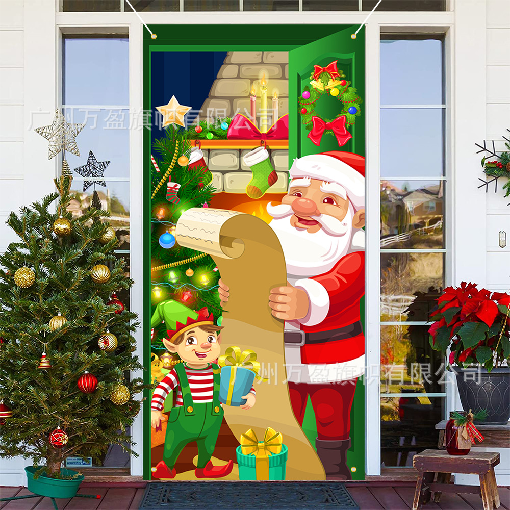 2025 nuevos productos de navidad cortina de bandera Santa Claus para ver la hoja de regalo decoración de tela colgante Bandera de bienvenida de Navidad