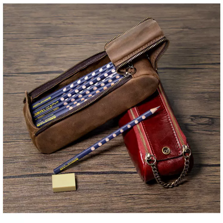 复古手工男女通用疯马皮笔袋真皮铅笔笔袋头层牛皮学生笔袋文具盒