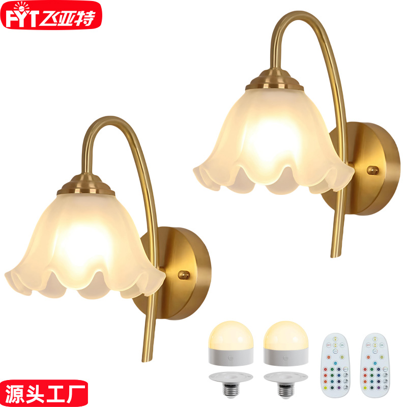 跨境亚马逊复古玻璃琥珀小花朵壁灯 免布线卧室吧台餐厅北欧灯RGB