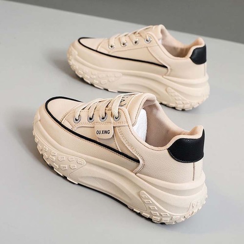 Women's Thick Sole White Shoes 2025 New Fall Winter Casual Sporty Matchable Heel Sneakers Dad White Leather Surface Mocca Shoes