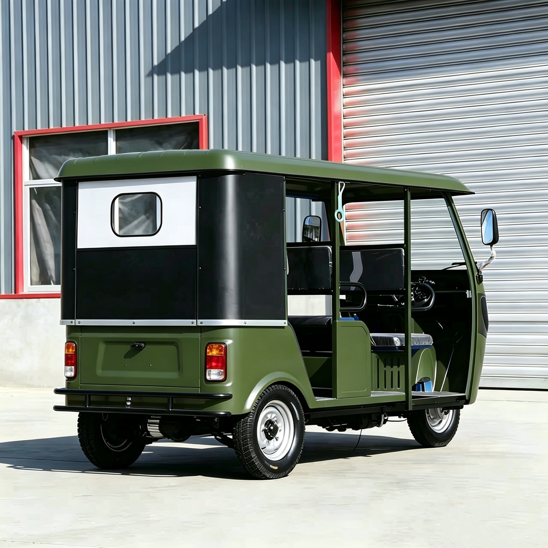 New matte military green three-wheeled passenger motorcycle for foreign trade export, large-capacity sightseeing vehicle for rural and urban passenger transport