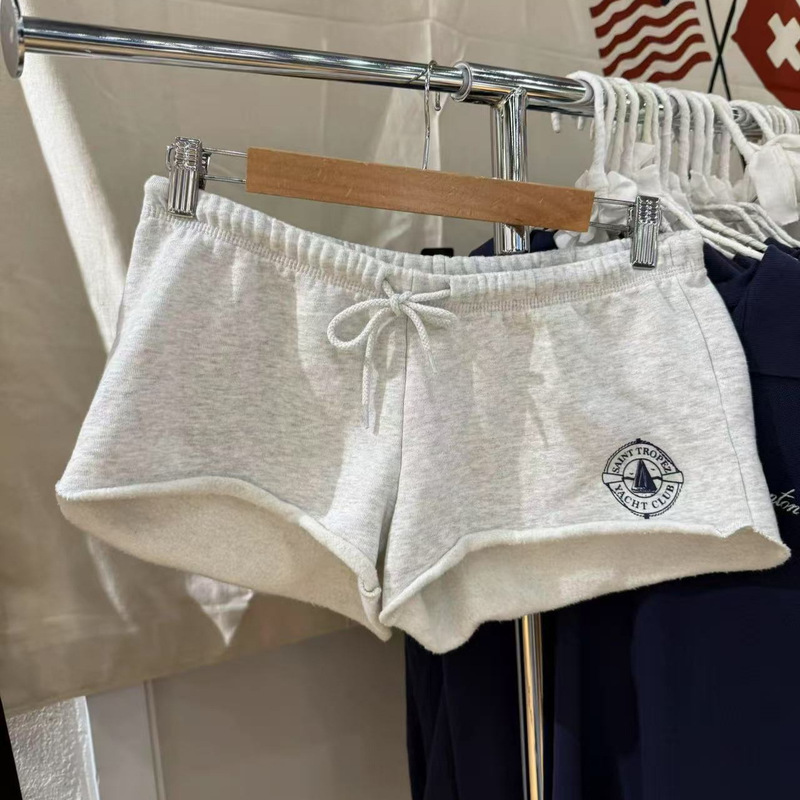 Bm Style Terry Shorts Gray Sailboat Print Lace-Up Sports Shorts Women's Drawstring Hot Pants Versatile Home Pants