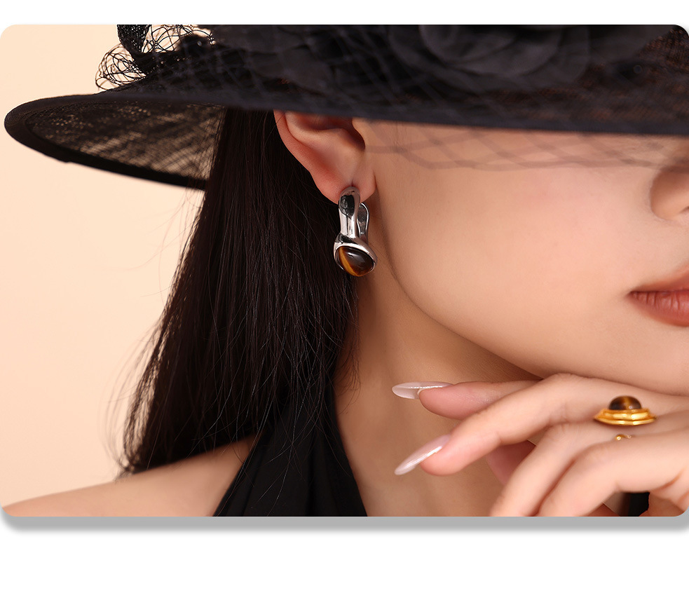 Retro Tiger Eye Stone Hoop Earrings & Open Ring Set Gold Plated_voghion.com