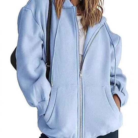 Cross-Border Amazon Independent Site Autumn and Winter Fleece Hooded Cardigan Sweatshirt Solid Color Zip-Up Sports Top White
