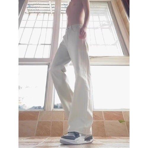 Casual American-style high-street basic washed, vintage-look, uniquely dyed in yellowish-brown Vibe-style mid-rise straight-leg denim pants