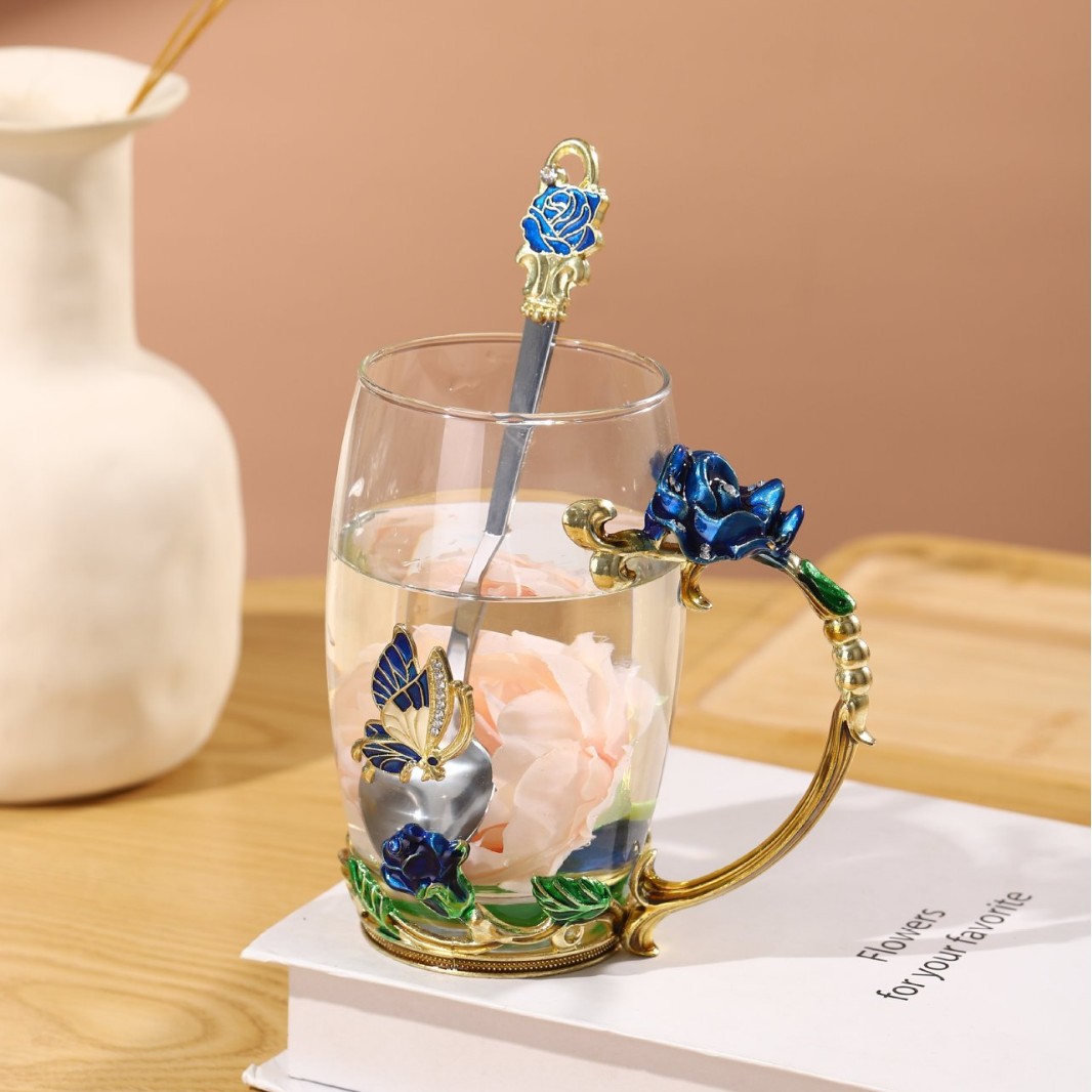 Taza de té con cubierta de flores creativa sala de estar taza de agua de desayuno de lujo taza de leche de esmalte de color taza de café de mujer taza de vidrio casero