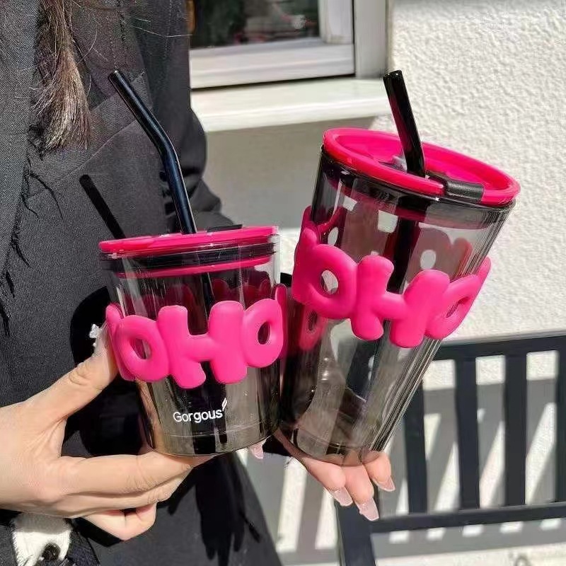 Internet Celebrity Glass Suction Tube Cup High Color Value Letter Water Cup Bamboo Cup Juice Cup Coffee Cup Hand Gift Cup Printing