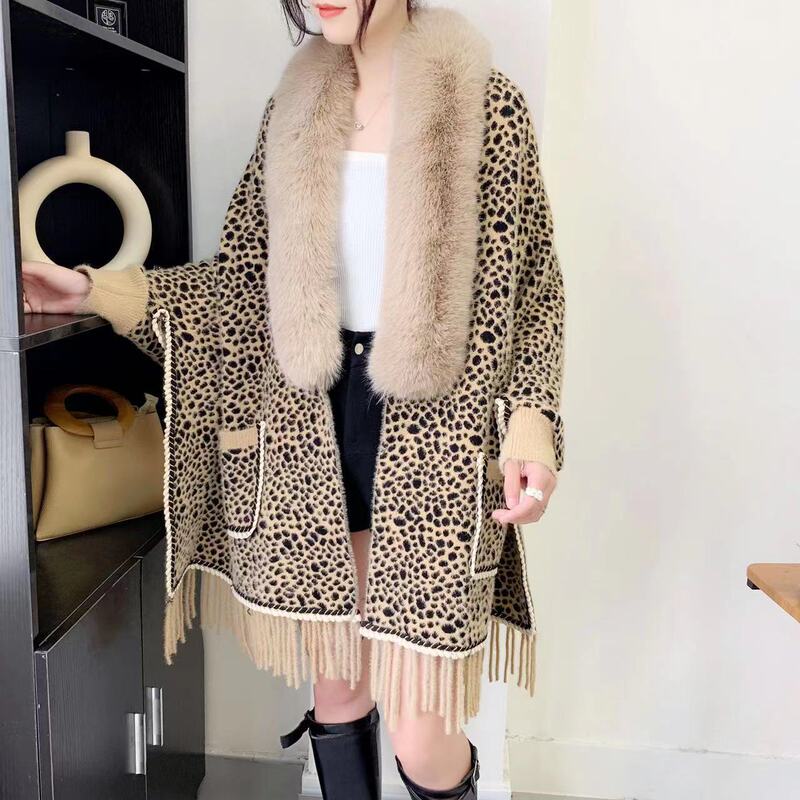 Faux mink fur tie sleeve leopard print shawl Cape scarf Chanel style with pocket coat women's loose sweater