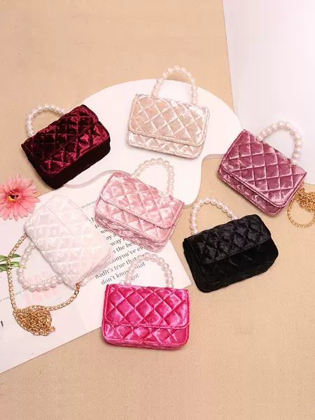 Girls' Bag 2026 New Fashion Gold Diamond Velvet Rhombus Pearl Handbag Little Girl's Versatile Chanel-Style Crossbody Bag