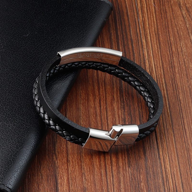 Polishing Design Vintage Style Classic Style Geometric Pu Leather Titanium Steel Polishing Men's Bracelets Men Cord & Leather Bracelets