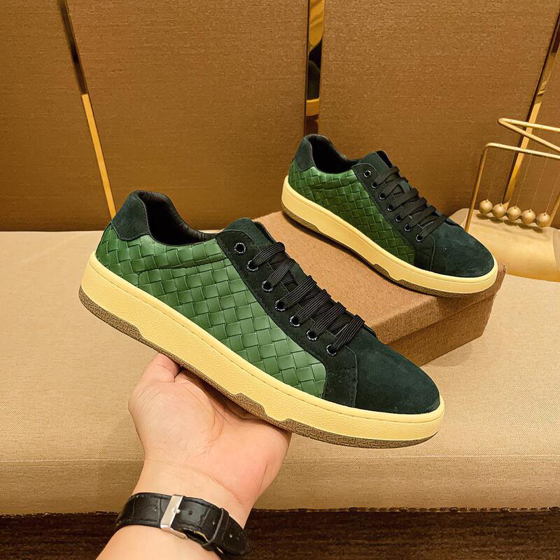 European Style Light Luxury Men's Shoes Woven Leather Trendy Men's Casual Sneakers High Quality Trendy Shoes Dark Green Shoes High-End