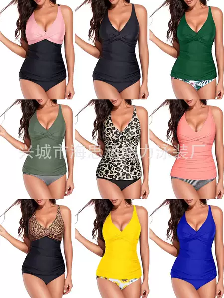 Amazon Source Supplier Two-Piece Twist-Tie Gathered Tankini Swimsuit Bikini Beach Two-Piece with Chest Pads