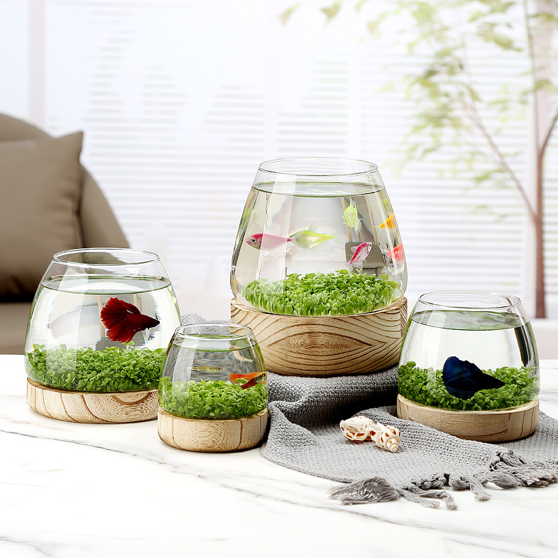 小型玻璃鱼缸加厚圆木托瓶办公室家用透明斗鱼缸客厅生态小金鱼缸