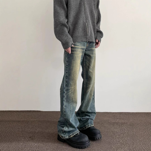 High Street Washed Distressed Men's American Retro Cleanfit Flared Pants Trendy Straight Leg Slimming Long Pants