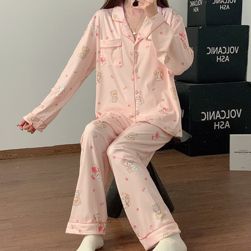 Al por mayor transfronterizo otoño nuevo hilo de hielo pijama camiseta de manga larga con la solapa cardigan ropa de dibujos animados para el hogar encantadora cereza