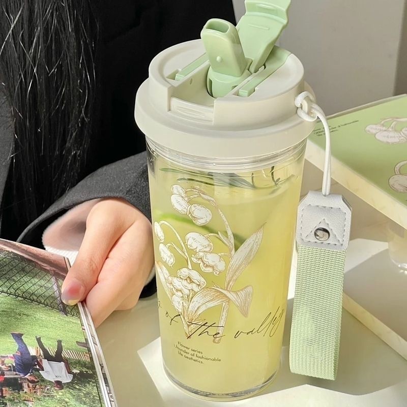 Summer New Style Lily of the Valley Plastic Cup with Handle, Portable High-Looking Water Cup, Large Capacity Car-Mounted Office Water Cup