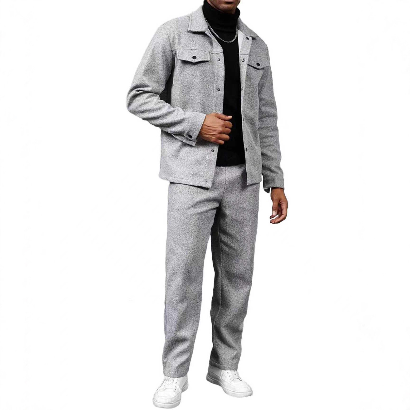 Transfronterizos Europa y Estados Unidos otoño y invierno moda cardigan con solapa chaqueta de viaje de cuello blanco traje de estilo suelto pantalones largos manga larga hombre