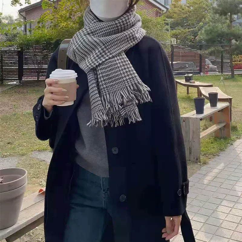 千鸟格围巾女秋冬季韩版格子针织毛线披肩保暖包芯纱仿羊绒围脖