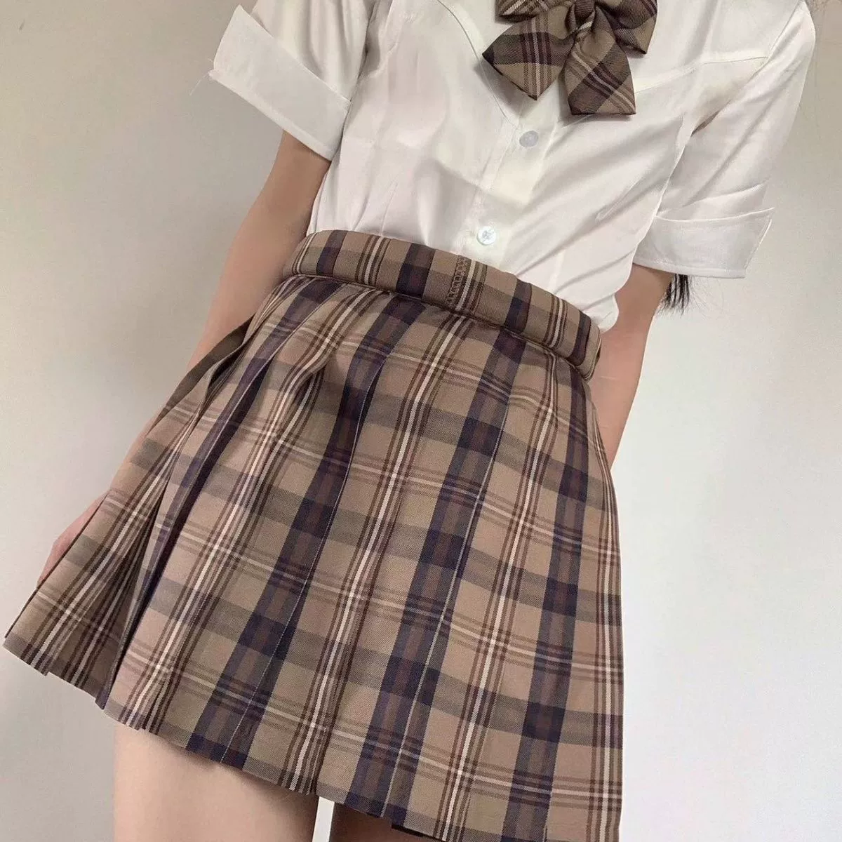 Brown student pleated skirt, plus size