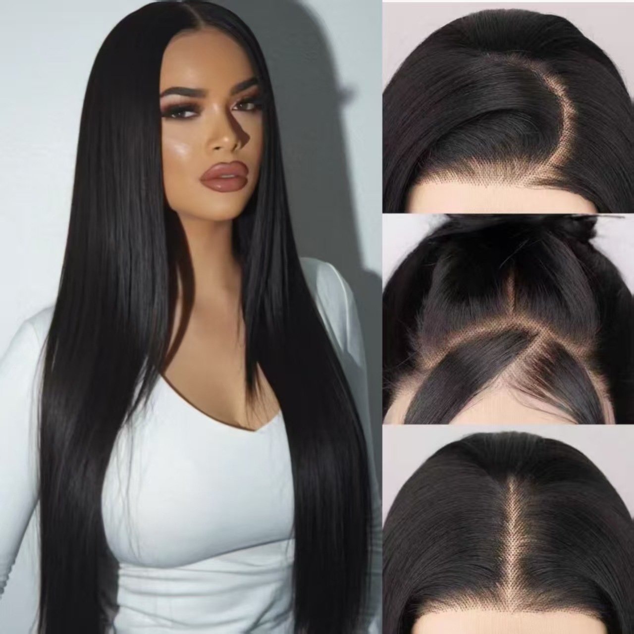 Amazon Hot 13x4 encaje fibra química pelucas de cabello negro largo recto cabello largo recto cubierta de seda de alta temperatura