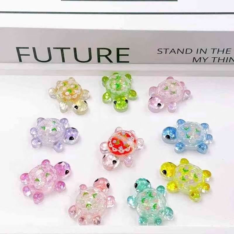 新款亮晶晶海龟玩具卡通爆闪流沙可爱乌龟树脂DIY对对碰配件摆件