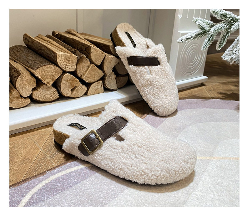 Dép nửa gót bít mũi lông xù kiểu Birkenstock cổ điển cho nữ, mũi tròn — Màu nâu, Màu trắng sữa, Màu đen chi tiết 12