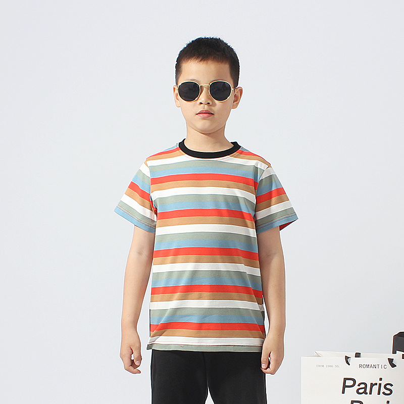 Ropa infantil de estilo coreano de verano nueva camiseta de manga corta para niños grandes a rayas de secado rápido transpirable superior de manga corta para niños al por mayor