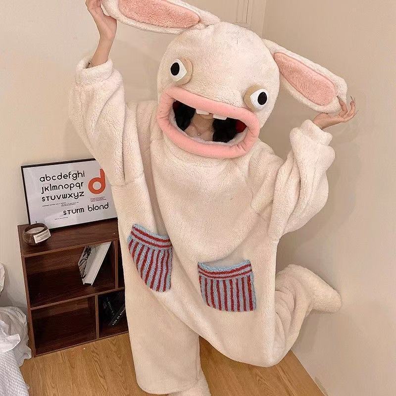 Big Mouth One-Piece Pajamas Autumn and Winter Coral Velvet Thickeneded Warm Cartoon Funny Pajamas Abstract Home Clothes Can Be Worn Outside