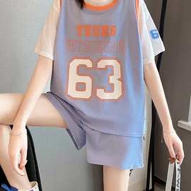 跑步运动套装女夏季宽松大码休闲短袖短裤假两件套装闺蜜装篮球服