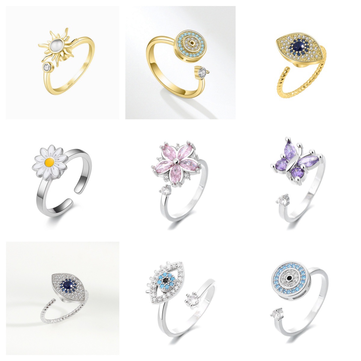 亚马逊外贸款欧美高级感旋转戒指缓解压力铜微镶蝴花朵戒指转动戒