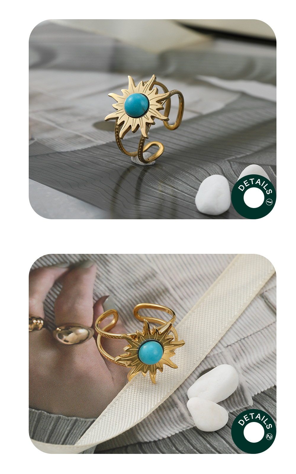 Retro Sun Stainless Steel Open Ring Metal Turquoise Stainless Steel Rings