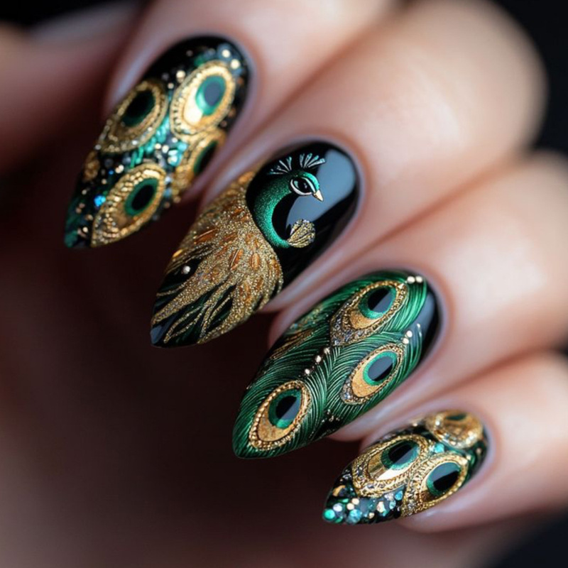 Wearable Almond-Shaped Black Peacock Pattern Printed Removable Press-On Fake Nails Manicure Nails 24 Pieces