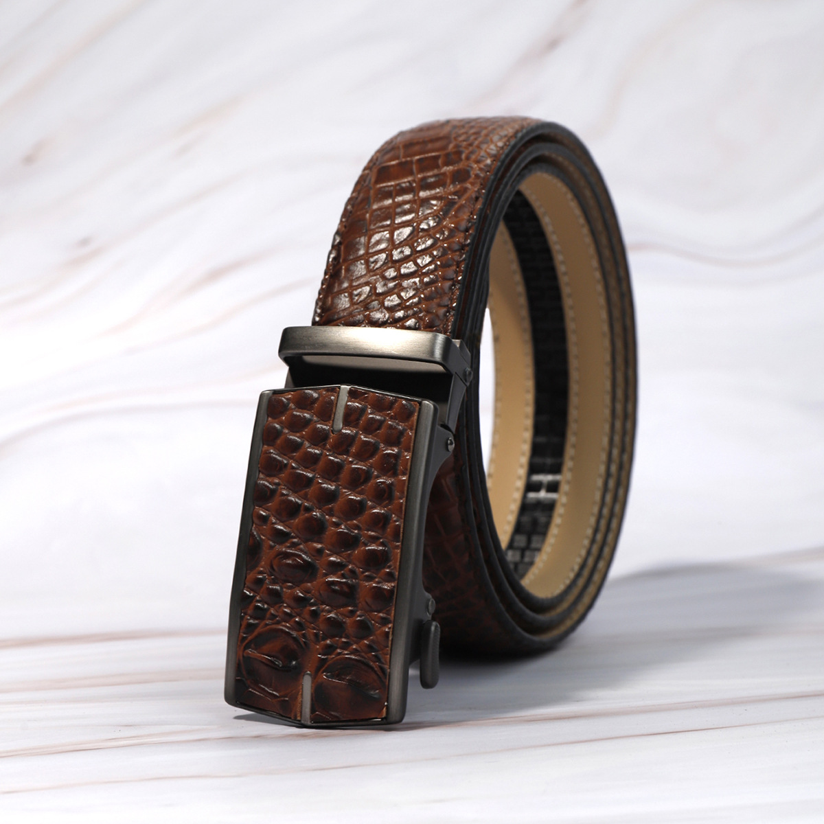 Ceinture homme business casual haut de gamme à boucle automatique, motif crocodile, en une seule pièce (livraison directe)._voghion.com
