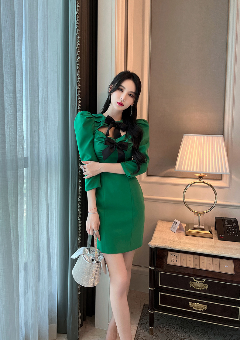 Đầm dự tiệc phong cách cung điện tay phồng nơ bản to — Màu xanh lá chi tiết 15