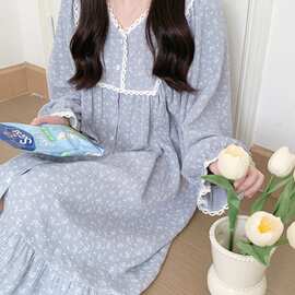 浅灰白点蕾丝花边长袖长款睡裙女韩系慵懒鱼尾春秋棉居家睡眠批发