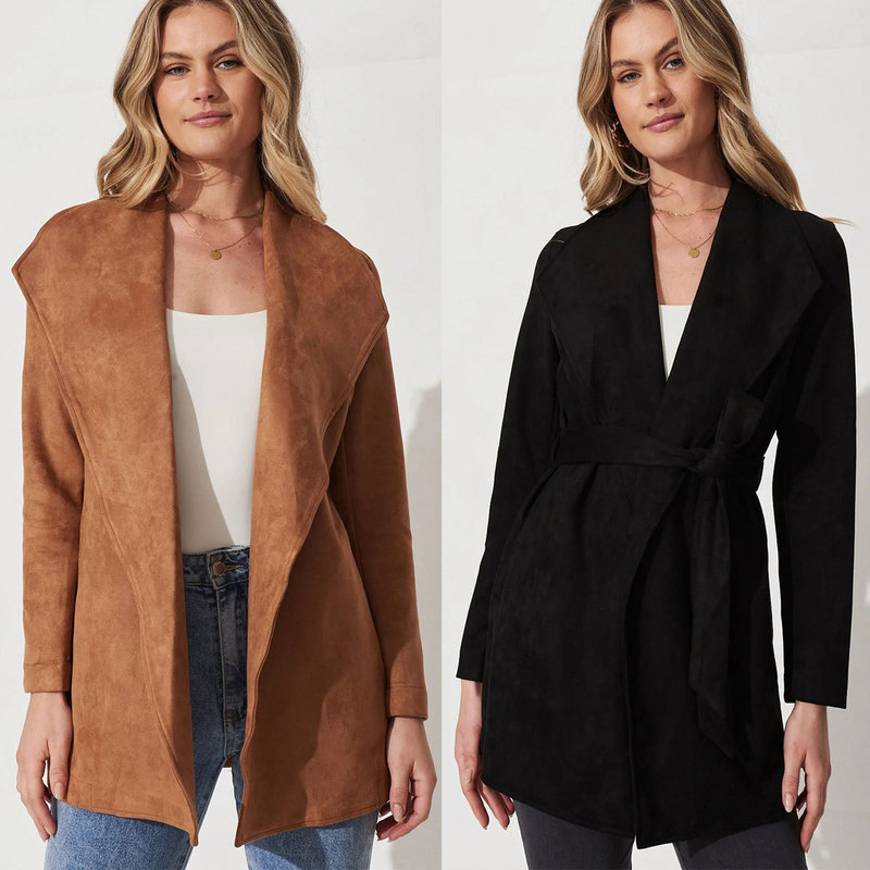 Amazon Cross-Border European and American Clothing Autumn and Winter 2025 Pure Color Suit Cardigan Large Lapel Suede Long-Sleeved Jacket