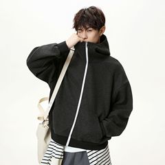 秋の男性と女性のための厚手のウールのフード付きスウェットシャツアメリカンレトロなコントラストカラーのジッパーカップルカーディガンジャケット
