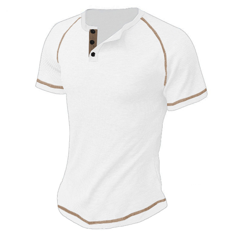 Große Rundhalsschnalle Herren Sommer Solide Übergroße Waffel Casual Henry T_voghion.com