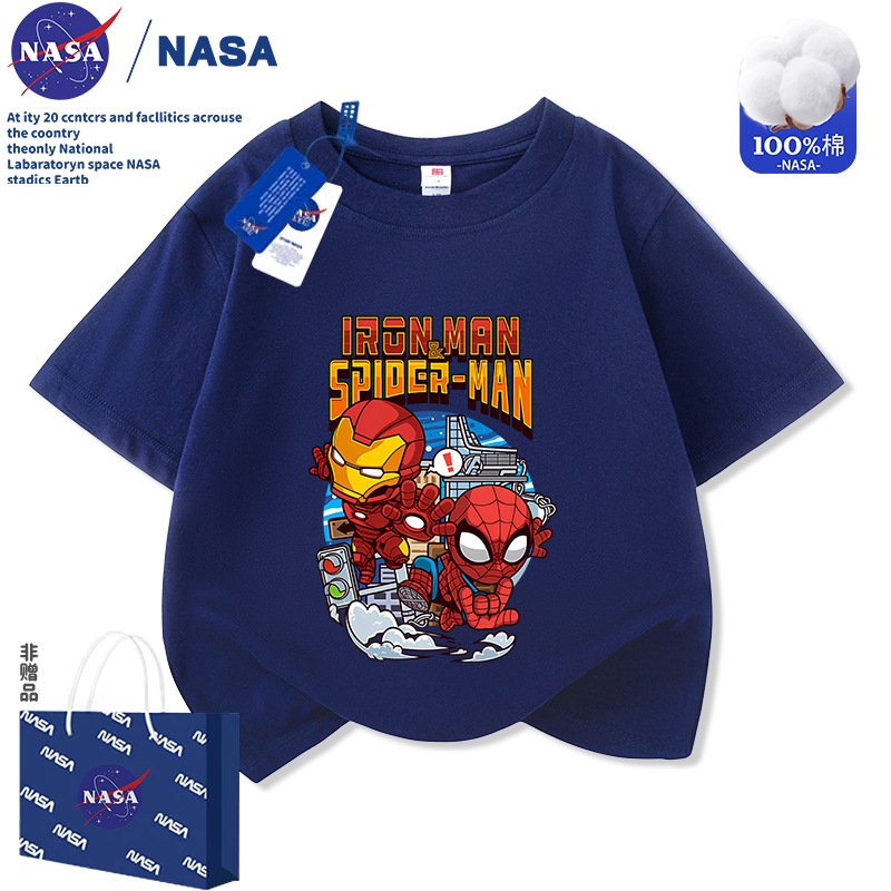Nasa Spider-Man Kidsren's Round-Neck Short-Sleeved T-Shirt Summer Cartoon Print Boys' Cool and Trendy Pure Cotton Half-Sleeved Shirt
