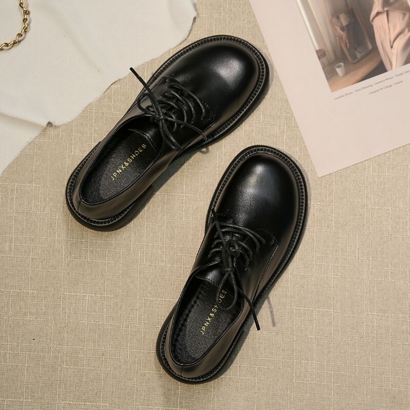 Women's loafers 2026 new spring and autumn lace-up college style JK single shoes, large-toed shoes, British style small leather shoes, black