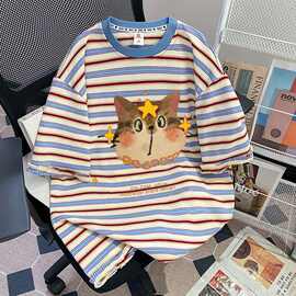 夏季港味卡通涂鸦印花t恤女独特彩色条纹花边大版宽松遮肉上衣潮