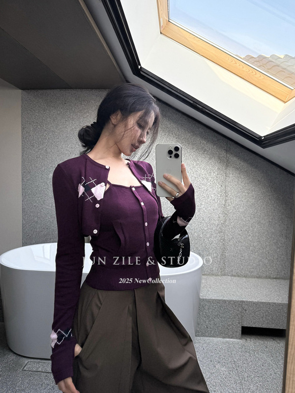 套装女装韩系复古菱格纹针织开衫外套打底吊带背心内搭上衣两件套|undefined