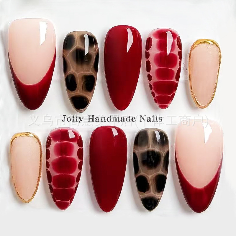Cross-border best-selling French handmade press-on nails, popular overseas, almond-shaped, hand-painted leopard print, gradient red, wholesale
