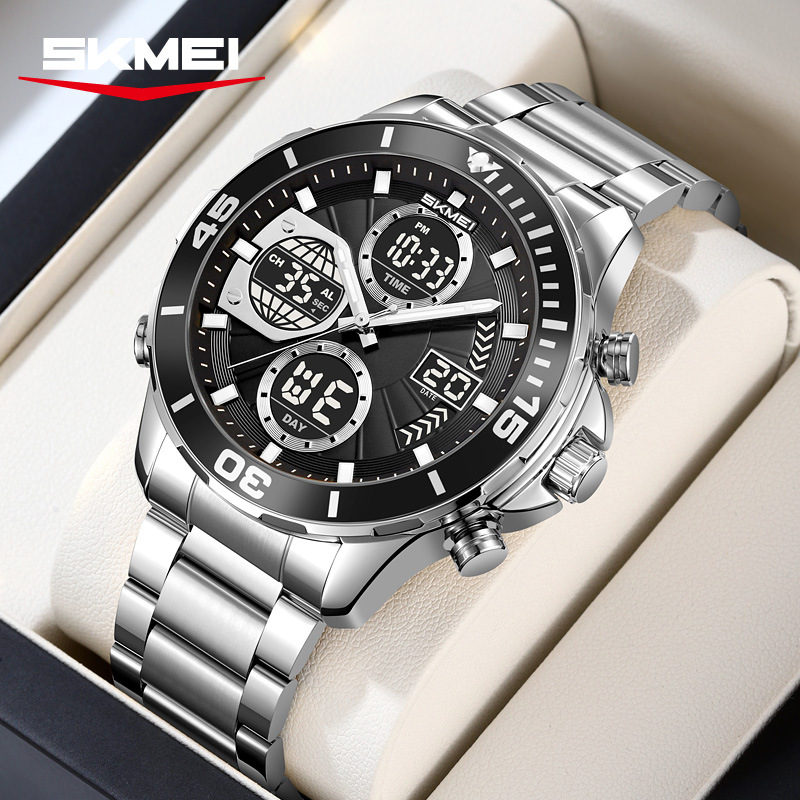 Momento de belleza para hombres doble reloj 30 metros de acero impermeable reloj de pulsera de negocios reloj deportivo de luz nocturna multifuncional al por mayor