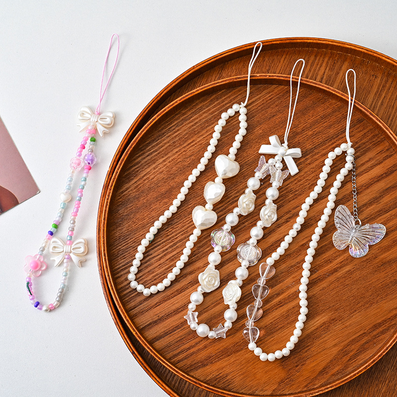 New Style Imitation Pearl Beaded Mobile Phone Chain Rose Love Bow Bag Lanyard Acrylic Mobile Phone Case Pendant