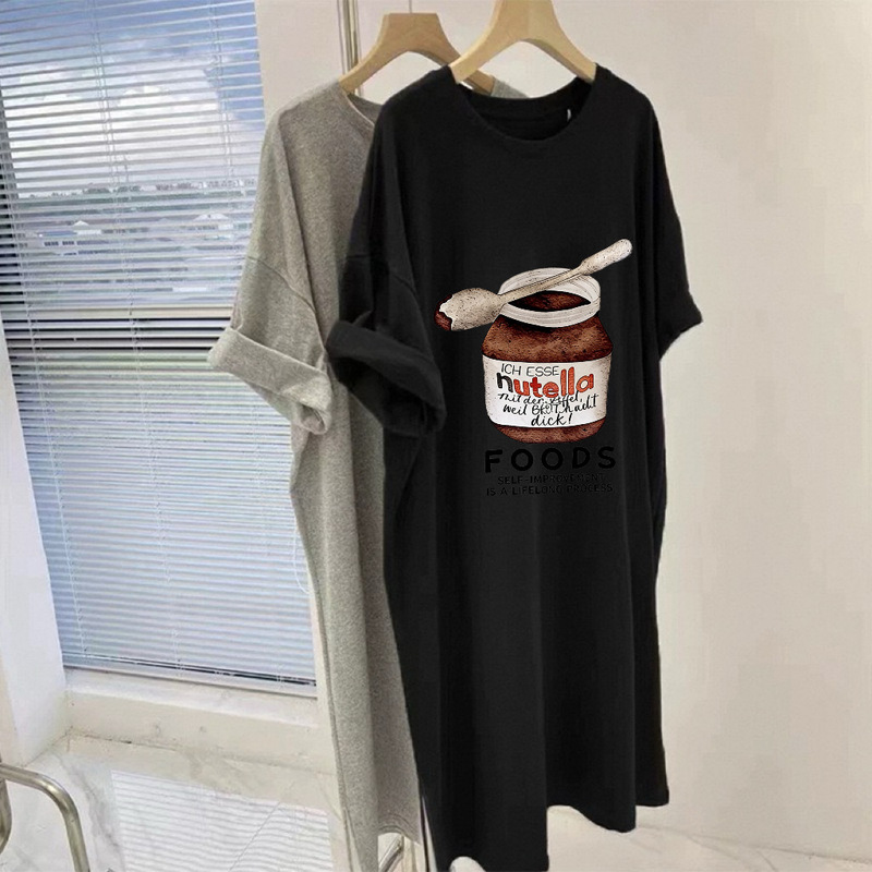 Summer Thin Pure Cotton Short-Sleeved Round Neck T-Shirt Dress for Women, American-Style Chocolate Jar Print, Loose and Versatile Long Dress