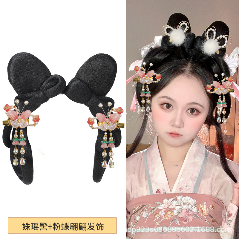 비취 토끼 꽃 요정 + 핑크 나비 헤어 액세서리