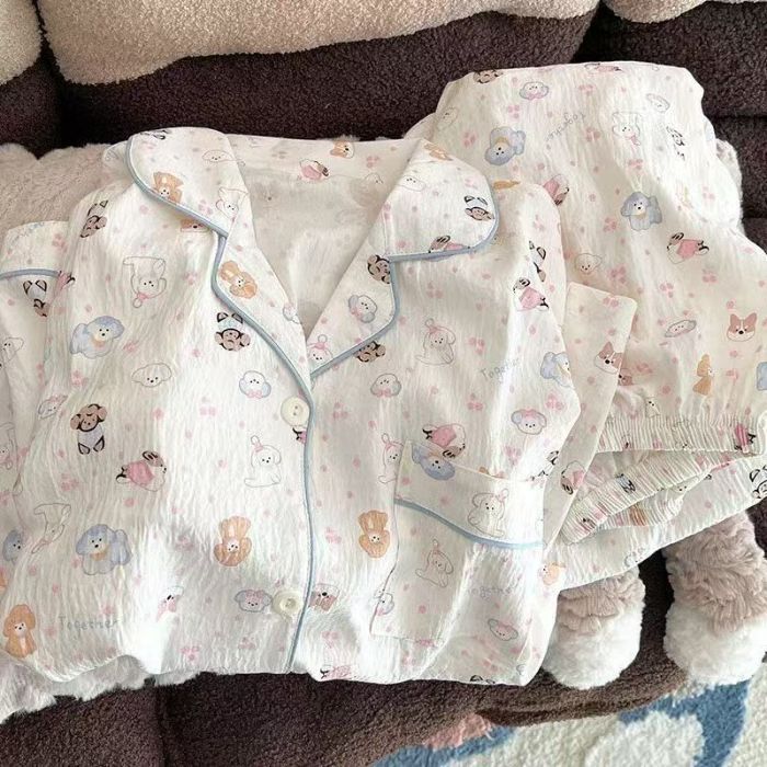 Pijamas de algodón de nube al por mayor transfronterizo para mujer nueva rebeca de verano solapa pantalones cortos de manga corta traje de servicio a domicilio dulce y lindo